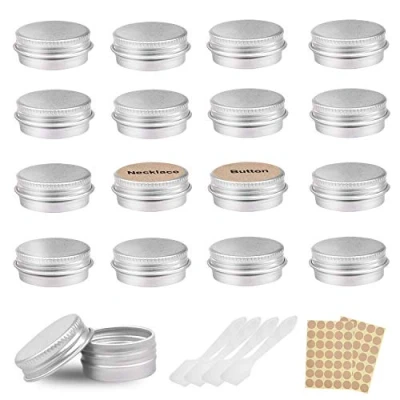 Abbildung von Camelize Aluminium Leer Döschen,24 Stück Rund Reise Cremedose Tiegel,5ml Leere Dosen Mit 2 Stücke runde Aufkleber für lippenbalsam, Lotion, Creme, Masken, Mini Kerzen, Kosmetik(Silber)