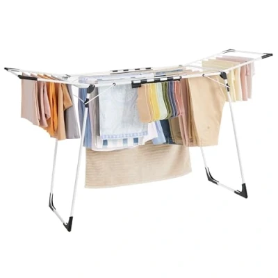 Abbildung von SONGMICS Wäscheständer, Standtrockner 56,5 x 173 96,5 cm, Flügelwäscheständer, Flügelwäschetrockner platzsparend, mit Sockenhalter, Metall, für Kleidung, Handtücher, Wäsche, weiß LLR518W01