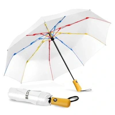 Abbildung von BESTKEE Regenschirm sturmfest, Taschenschirm mit Auf Zu Automatik, 210T Wasserdichter Schnelles Trocknen Regenbogenrippen Kompakter Winddicht Reiseschirm Leicht für Damen Herren（Weiß）