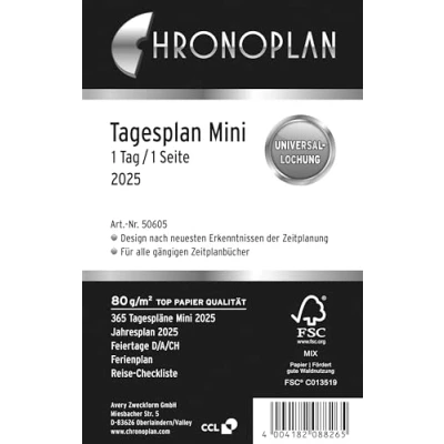 Abbildung von Chronoplan 50225 Kalendereinlage 2025 (Tagesplan Mini (79x125mm), Ersatzkalendarium für Terminplaner, Tagesplaner, ideal detaillierte Tagesplanung, 1 Tag auf Seite, mit Universallochung) weiß