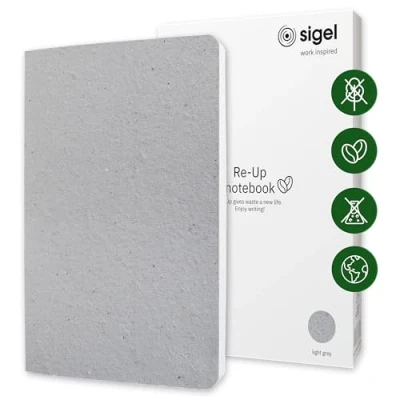 Abbildung von Sigel RU101 veganes Notizbuch aus Kaffee und Baumwollresten, liniert, dickes 100 g Papier, ca. A5, nachhaltig: frei von Plastik Chemikalien, Seiten, Re Up Notizheft, Geschenkbuch hellgrau