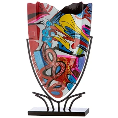 Abbildung von Glas Art Vase Dekovase im Street Design auf Metall Ständer Deko Wohnzimmer Geschenk für Frauen Geburtstag Farbe: rot Höhe 47 cm