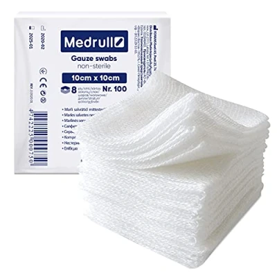 Abbildung von Medrull Nicht Sterile Wundauflagen Baumwolle 8 lagige Kompressen 10x10 cm100 Stück Mulltupfer Unsterile