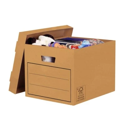Abbildung von BANKERS BOX Aufbewahrungskarton mit Deckel aus stabiler B Flute Wellpappe, braun, für Haushaltsgegenstände, Spielzeug, Dokumente, 100% recycelt und recycelbar, 10 Stück