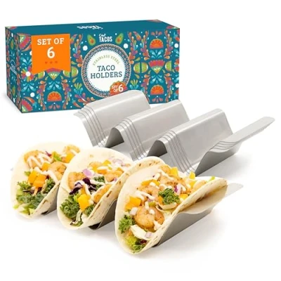 Abbildung von Chef Tacos Taco Halter Set (6 Stück) Breite Ständer aus Edelstahl Tortilla mit Haltegriffen Spülmaschinenfest &amp; Backofenfest Perfekt für Shells und auch als Hotdog
