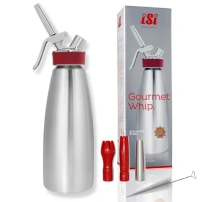 Abbildung von ISI Sahnespender 1 Liter / 1L, Gourmet Whip Plus, aus hochwertigem Edelstahl, Betrieb mit Sahnekapseln, für Sahne, warme und kalte Saucen, Suppen, Espumas Desserts, 170301