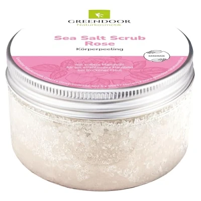 Abbildung von GREENDOOR Körperpeeling Meersalz Rose, natürliches Peeling ohne Mikroplastik für Damen, 280g Duschpeeling Konservierungsmittel, mit straffendem Mandelöl, Body Scrub, Naturkosmetik Sauna Salz
