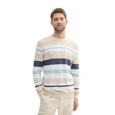 Abbildung von TOM Tailor Gestreifter Strickpullover, Herren, Größe: Medium, Sand white multi color stripe