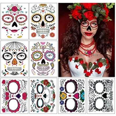 Abbildung von Dream Loom Halloween Gesicht Tattoos, 8 Kits Tag der Toten Zuckerschädel Temporäre Scary Face Makeup für Maskerade und Partys (Mehrfarbig)