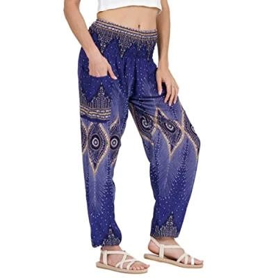 Abbildung von Lofbaz Damen Haremshose Yogahose Pumphose Hippie Hose Boho Kleidung Festival Outfit Sommerhose Leicht Sommer Hosen Floral 2 Blau XL