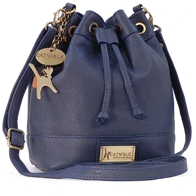 Abbildung von Catwalk Collection Handbags Damen Leder Umhängetasche Mittelgroß Beuteltasche/Handtasche Verstellbarer Schultergurt ROCHELLE Blau
