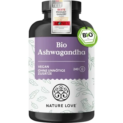 Abbildung von NATURE LOVE® Bio Ashwagandha 240 Kapseln Hochdosiert mit 1950mg je Tagesdosis Hochwertige indische Schlafbeere Laborgeprüft, vegan, in Deutschland produziert