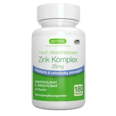 Abbildung von Zink Chelat 25mg, Tabletten hochdosiert mit Kupfer, Bisglycinat &amp; Zinc Picolinate für gesunde Haut, Immunsystem, und Zellgesundheit, Clean Label, 180 Tabletten, von Igennus