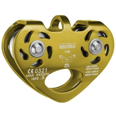 Abbildung von ALPIDEX Seilrolle Tandem Pulley Umlenkrolle Doppelseilrolle geeignet für Stahlseile 8 12 mm Ø und Textilseile bis 13 Ø, Farbe:Gold