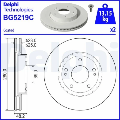Abbildung von DELPHI Bremsscheibe 25mm 5 Belüftet beschichtet unbehandelt BG5219C 51712AA000 Bremsscheiben, Scheibenbremsen