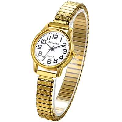 Abbildung von JewelryWe Uhren Damen Elastisch Edelstahl: Klassische Einfache Analog Quarz Armbanduhr Frauen Gold Edelstahl Stretch Armband Geschäft Lässige Uhr Damenuhr mit großen arabischen Zahlen Zifferblatt