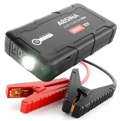 Abbildung von ABSINA Auto Starthilfe Powerbank 1500A 12V Starthilfegerät geeignet für 6L Benzin &amp; 4L Diesel KFZ Starter mit 2 USB Ports Taschenlampe Jump Starter, Booster PKW
