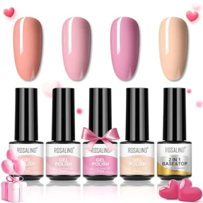 Abbildung von ROSALIND UV Nagellack Shellac Set 4 Farben Gel Rosa Nude mit Base Coat Top Mini Lampe Für Nägel Nail Polish Valentinstag