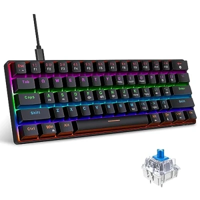 Abbildung von Snpurdiri 60% kabelgebundene Mechanische Gaming Tastatur, Anti Ghosting 61 Tasten, RGB Hintergrundbeleuchtung, Ultrakompakter Blauer Schalter, Doppelfuß, Schwarz