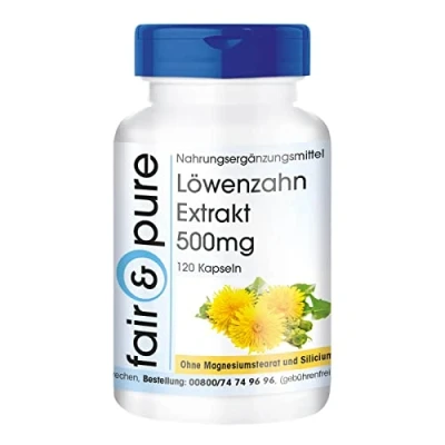 Abbildung von Fair &amp; Pure® Löwenzahn Extrakt 500mg 120 Kapseln aus der Löwenzahnwurzel 10 fach konzentriert vegan ohne Magnesiumstearat