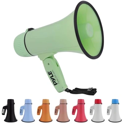 Abbildung von Pyle Megaphon mit Sirene &amp; Mikrofon, Signalhorn 20 Watt Lautsprecher, Schultergurt, Aufnahmefunktion Aux Anschluss, Mini Megafon Kinder Erwachsene, Robustes Tröte Faltbar für Indoor Outdoor