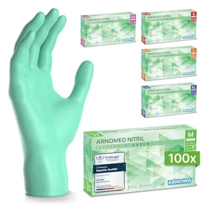 Abbildung von 100x ARNOMED Einweghandschuhe Grün, Nitrilhandschuhe M, Einmalhandschuhe, Handschuhe Einweg puderfrei, latexfreie Gummihandschuhe, in XS, S, L &amp; XL verfügbar