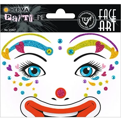 Abbildung von HERMA 15427 Face Art Sticker Clown, dermatologisch getestet, ablösbare Glitzer Gesicht Aufkleber, temporäre Tattoos für Karneval Fasching Halloween Festival Kinder Geburtstag, bunt