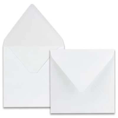 Abbildung von 100 Quadratische Umschläge Farbe: Weiß Format: 16,5 x cm Grammatur: 120 Gramm pro m² Nassklebung mit spitzer Klappe