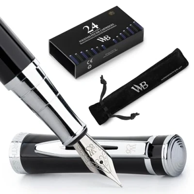 Abbildung von Wordsworth &amp; Black Füllfederhalter set, Mittlere Feder, Inklusive 24 Tintenpatronen, Tintennachfüllkonverter Und Geschenkbeutel, Chrom finish, Kalligraphie, [Schwarzes Chrom] Perfekt Für Männer Frauen