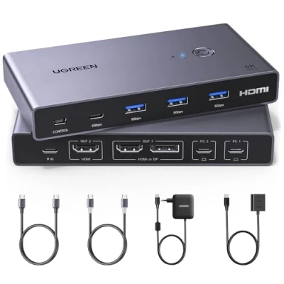 Abbildung von UGREEN USB C LVM Switch 2 PC Monitore, in 1 out, mit 4 3.0 Ports, 4K@60Hz, Laptops teilen sich zwei Monitore Tastatur, Maus, Festplatte, Drucker PD100W Netzteil