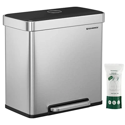 Abbildung von SONGMICS Mülleimer Küche, 2 x 30L, Mülltrennsystem, Fächer, 15 Müllsäcke, Abfalleimer aus Edelstahl, Inneneimer Kunststoff, mit Deckel, Softclose, 58 31,5 59 cm, silbern LTB202E01