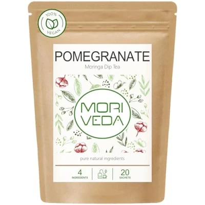 Abbildung von MoriVeda® Moringa Dip Tee 100% natürlich &amp; vegan (wahlweise Blattmischung, Apfel Zimt, Granatapfel, Ingwer, Minze). Qualitätsprodukt (20 Beutel Granatapfel)