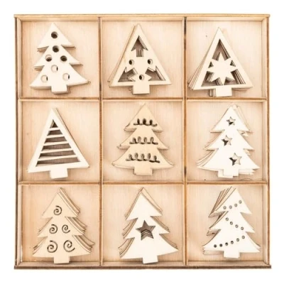 Abbildung von Ideen mit Herz Streu Deko aus Holz Motive Tannenbäume Tisch Inklusive Box 9 versch. Designs, je 7 Stück 63 teilig