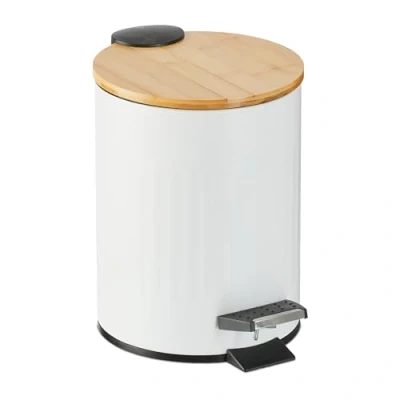 Abbildung von Relaxdays Mülleimer Bad, 3 Liter, Absenkautomatik, entnehmbarer Inneneimer, Kosmetikeimer, Metall, Bambusdeckel, weiß