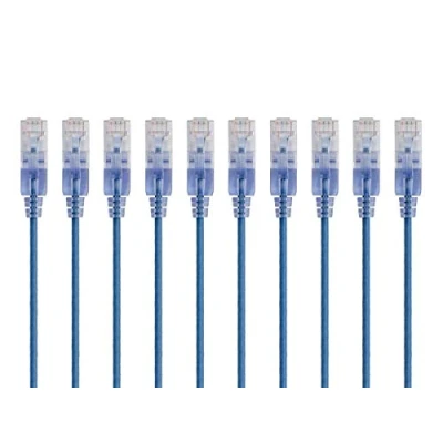 Abbildung von Monoprice Cat6A Ethernet Patchkabel Snagless RJ45, 550 MHz, 10 G, UTP, reiner blanker Kupferdraht, 30 AWG, Stück, 2,1 m, Blau SlimRun Serie