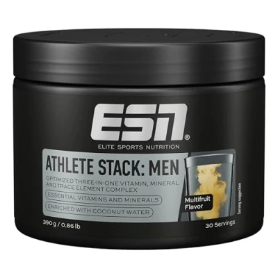 Abbildung von ESN Athlete Stack Men Powder, 390 g Pulver, Multifruit, mit Vitaminen und Mineralstoffen, vegan Made in Germany