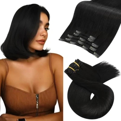 Abbildung von Moresoo Natürliches Schwarz Clip in Extensions Echthaar Remy Haarverlängerung Clips Haarextension #1B Doppelt Tressen Glatt Dicke Haare 5pcs 80g 35 cm