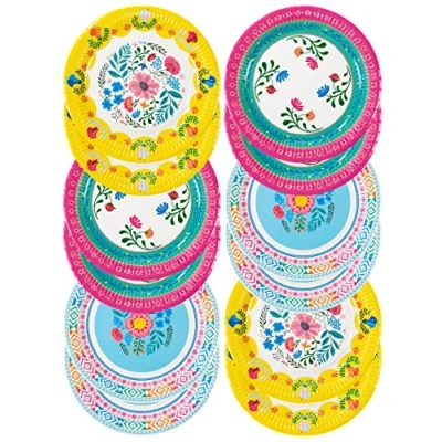 Abbildung von 12 bunte Pappteller mit Blumenmotiv von Talking Tables. Einweg ideal zum Grillen, für Picknicks, Garten oder Sommerfest, Kinder Encanto Party, Einweggeschirr in Blau, Gelb Pink