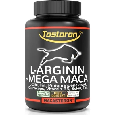 Abbildung von Tostoron L ARGININ + MEGA MACA extra stark hochdosiert! 120 Kapseln Citrullin, Pinienrinden Extrakt, Cordyceps, Selen, B5, Zink, 1 Dose, 1x98,5g