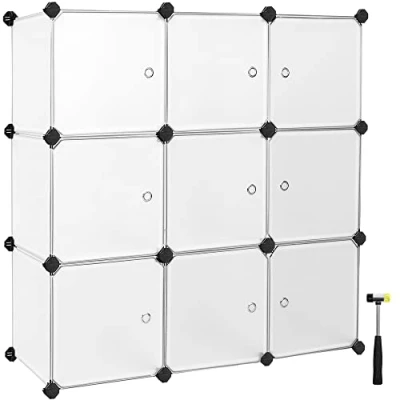 Abbildung von SONGMICS Regalsystem, Schuhregal, Set aus 9 Würfeln, Kleiderschrank Kunststoff, mit Türen, Steckregal, Aufbewahrung von Kleidung, Schuhen und Büchern, einfache Montage, weiß LPC116WS