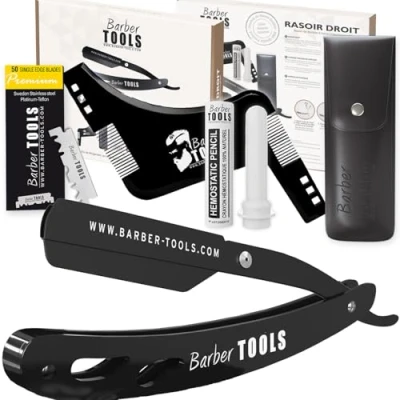 Abbildung von Herren Rasier Set Männer Rasiermesser/Barbiermesser mit 50 Einzelklingen + Tuch Alaunstift Aufbewahrungsetui Kammführung für Rasur SCHWARZ BARBER TOOLS