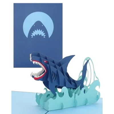 Abbildung von 3D Geburtstagskarte „Hai Shark Attack“ große Pop Up Karte mit Umschlag als Grußkarte, Einladung, Haifisch Deko, Geschenkidee &amp; lustige Einladungskarte zum Angeln für Angler