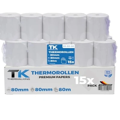 Abbildung von 15 Stk. Premium Thermorollen 80mm x 12mm Thermopapier Bonrollen (80 80 12) zertifiziert für Kassen Drucker wie IBM, Metapace uvm.