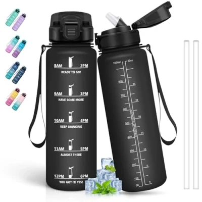 Abbildung von Trinkflasche 1l, Wasserflasche mit Strohhalm, Sport, Kann Dir Tragen, Zeitmarkierung, Auslaufsicher, für Running, Camping, Wandern, Schwarz