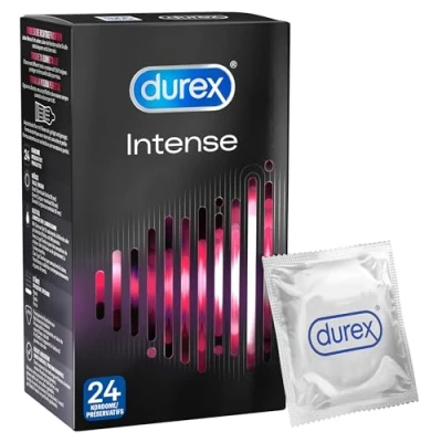 Abbildung von Durex Intense Kondome Perfekter Sitz &amp; leichtes Abrollen mit Noppen, Rippen Desirex Gel befeuchtet angenehmes Minzaroma 24er Pack (1 x 24 Stück)