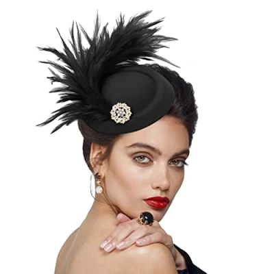 Abbildung von DRESHOW Fascinator Hüte für Damen Pillbox Hut mit Schleier Stirnband und Einer Gegabelten Clip Tea Party Kopfbedeckung