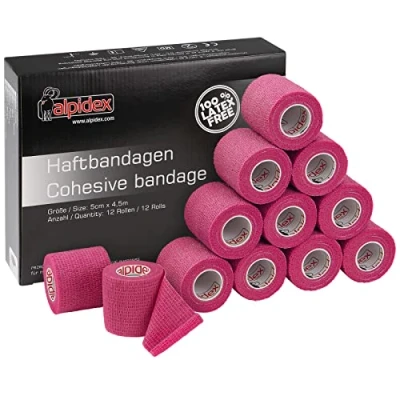 Abbildung von ALPIDEX 12 Rollen Haftbandage 5 cm x 4.5 m Selbstklebender Verband Pet Bandagen Fixierband Sport Vet Wrap Tape Selbsthaftend, Farbe:pink