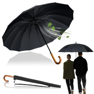 Abbildung von LOGAN &amp; BARNES Stockschirm Sturmfest Ø120cm mit hochwertigem Echtholzgriff und geräuschloser Gummispitze XXL Regenschirm Groß 16 Streben Modell EDINBURGH (Schwarz)