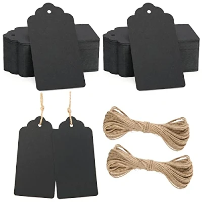 Abbildung von Geschenkanhänger Kraftpapier Anhänger Etiketten 10x5 cm, 100 Stück Tags + 20M Jute Schnur, für Basteln Valentinstag Hochzeits Weihnachts Geschenke (Schwarz)