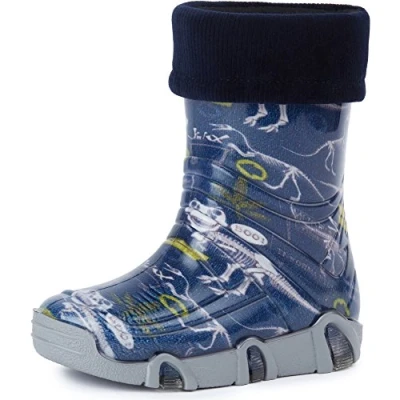 Abbildung von Ladeheid Kinder Mädchen Jungen Gummistiefel gefüttert Swk 27 (Dunkelblau Dinosaurier, 25/26 EU)